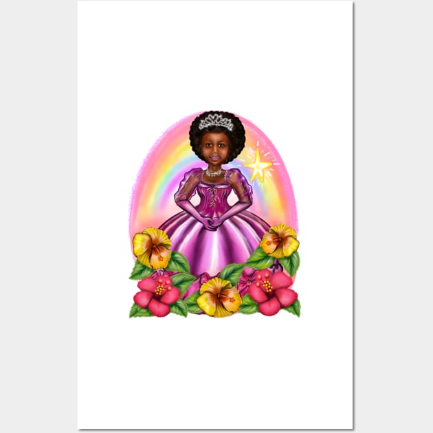 Black Afro Princess in purple with flowers and rainbow i ! beautiful  black girl with Afro hair, brown eyes and dark brown skin. Hair love ! Wall Art by Artonmytee